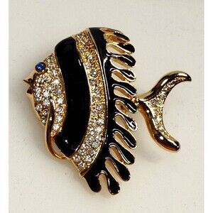 Vtg Park Lane Angel Fish Brooch Pin Pendant Rhinestone Black Enamel Gold Tone